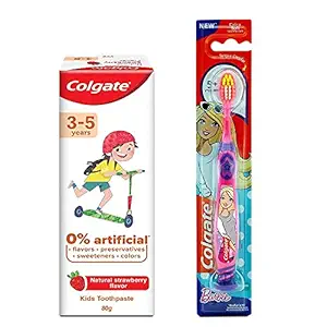 Colgate Toothpaste for Kids (3-5 years), Natural Strawberry Flavour, 0% Artificial- 80g with Colgate Barbie Extra Soft Toothbrush (5+ yrs) - 1 Pc