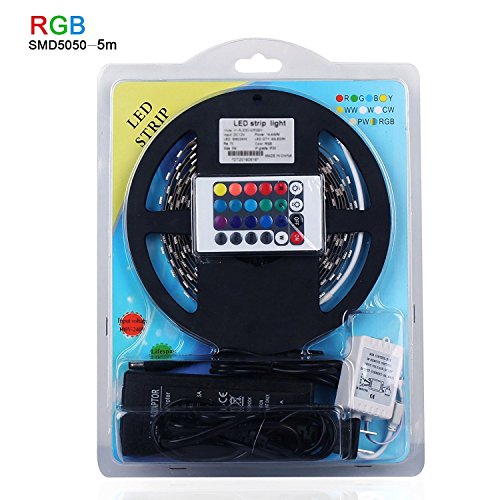 Roleadro LED Streifen Set 5M Mit Netzteil+ Ferbedienung IP20 300 Leds 5050 RGB Led Strip Dimmbar Nicht Wasserdicht Led Leiste Band 6000K - 5
