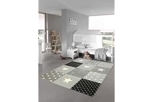 Teppich-Traum Dywan do pokoju dziecięcego, do zabawy i dla niemowląt, dywan w serce, gwiazdy, kropki, wzór, kremowy, czarny, szary, wymiary 200 x 290 cm