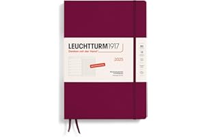 LEUCHTTURM1917 370479 Agenda semanal y cuaderno 2025, composición B5, tapa dura, planificador de 12 meses, 80 g, a rayas, Port Red