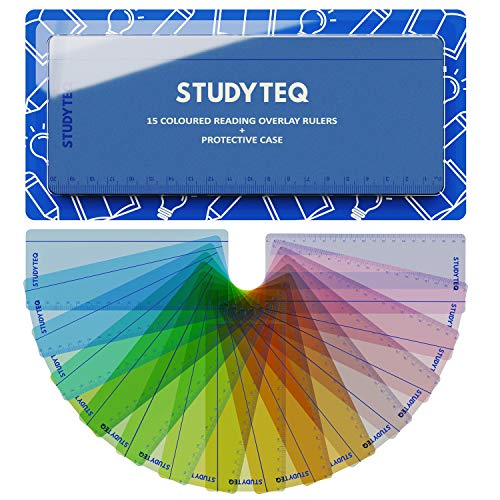 15 x Disposiciones y reglas de lectura de color para dislexia profesional Studyteq + estuche protector | Reglas de seguimiento de lectura para el estrés visual, dislexia, síndrome de Irlens y TDAH