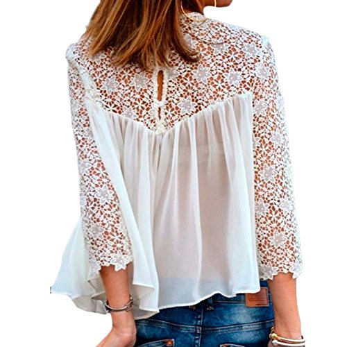 MK11 2015 Autumn Sweet Lace Splice Hollow Crochet Chiffon shirt (M, WHITE)