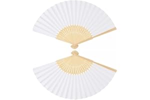 WOO LANDO 2X Handfächer incl. Etui - Fächer aus Stoff und Bambus mit Schnitzereien - für eine Abkühlung im Sommer, für Hochzeiten und Fasching (Schwarz, 2er Set) (White)