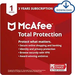 McAfee Total Protection 2022 | 1 Device | Antivirus Internet Security Software | VPN, Password Manager & Dark Web Monitoring Included | PC/Mac/Android/iOS | 3 Year Subscription | Email Delivery