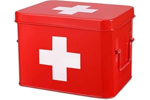 Flexzion Medizinbox, Hausapotheke Box, Apothekenbox - 21x16x15cm Medikamenten Aufbewahrung Box aus Metall für Notfall, Erste Hilfe Schrank, mit Seitengriffen, abnehmbarem Tablett & 4 Fächern, rot