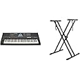 Yamaha PSR-E473 Portable, Versatile Digital Keyboard with 61 Touch-Sensitive Keys, in Black & RockJam XX-363 Xfinity Doublebraced Pre Assembled Keyboard Stand with Locking Straps & Lessons.,Black
