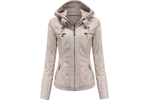 DISSA Veste Cuir Femme Fermeture éclair Veste Motard Similicuir Slim à Capuchon Court Veste,C6699N