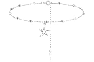 Zolkamery Silver Anklets for Women, Resizable Silver Bracelet Ankle, 925 Sterling Silver Anklets, Adjustable Chains Summer Beach Foot Jewelry, Starfish/Butterfly Round Ball Anklet, Length 22 + 5 cm