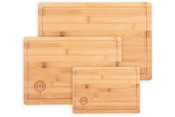 MasterChef Planches à Découper Bambou, Lot de Planche à Découper Bois de Couleur - 38cmx27,5cm / 34cmx23,5cm / 23cmx15cm, Antibactérien Surface Idéal pour la Découpe Pain, Légumes, Fruits & Viande