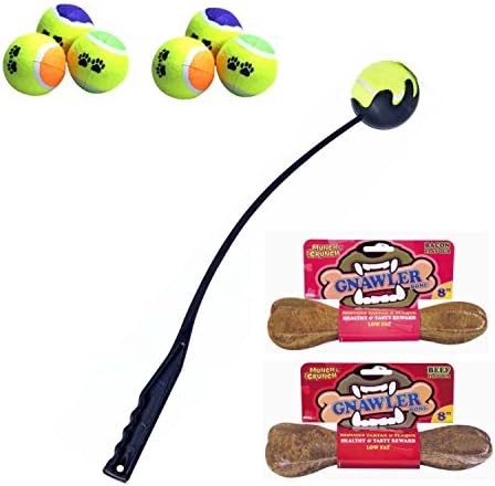 Ball Thrower For Dogs, 7 Tough Dog Tennis Balls, Dog Ball Thrower/Launcher And 2 x Tasty Beef &amp; Bacon Gnawler Bones. Great Value Bundle