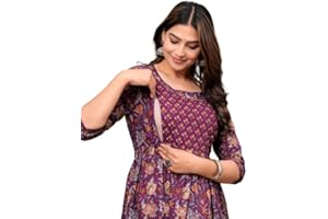 Women's Cotton Floral Printed Anarkali Maternity Feeding Kurti with Zipper/Maternity Gown