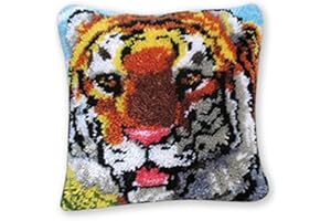 Coopay Kit Crochet de Verrouillage Tapis DIY Broderie pour Animaux, Kit Tapis Point Noué à Faire pour Débutants,Adultes ou Enfants,Latch Hook Canevas Coussin Point de Croix Tigre 43x43cm