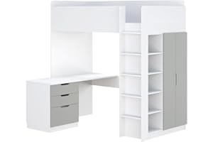 ‎SHEFA Shefa Kids Hochbett Mit Schreibtisch - Platzsparendes 5-in-1 Hochbett Kinder Mit Treppe, Kleiderschrank, Regal & Arbeitsbereich - Grau, Belastbar Bis 90 Kg, Maße: 206 x 107 cm