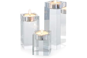 Sziqiqi 3-Piece Crystal Glass Candle Holder Set Crystal Candlelight Dinner Candle Holder Creative Ornament for Home, Dining Table and Bar, Square