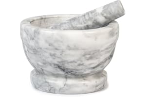 H&H– Mortaio in Marmo Naturale Chiaro con Pestello, Ø18 cm, Robusto ed Elegante, Ideale per Spezie, Erbe, Pesti e Salse, Superficie Interna Grezza per una Macinatura Perfetta