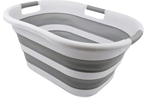 SAMMART 40L zusammenklappbarer Wäschekorb aus Kunststoff – platzsparender Aufbewahrungsbehälter/Organizer – tragbare Waschwanne – faltbarer Pop-Up-Wäschekorb/Korb (1, Weiß/Grau)