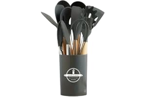 COSMETICS BEAUTY LOVE 12 PCS Kitchen Silicone Cooking Utensils Set with Wooden Handle, Heat Resistant Utensil Set, Nonstick Cookware, Dishwasher Safe, Best Kitchen Tools with Holder, Spoon Tongs Spatula Set (Grey Colour)