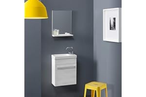 Kiamami Valentina - Mobile Bagno Sospeso Salvaspazio | Lavabo in Ceramica | Specchio con Mensola | Anta Portaoggetti | Rovere Bianco, Piccoli spazi, Rovere