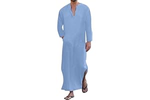 YAOHUOLE Men's Loose Linen V-Neck Long Sleeve Lounge Robes with Pockets