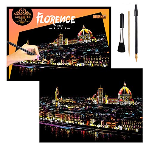 H HOMEWINS 400×285MM Stencil Disegno Bambino Arte per Adulti Creativo Graffio di Immagini Graffio di Vernice Città Famosa Scratch Art Regalo Natale Compleanno (Firenze)