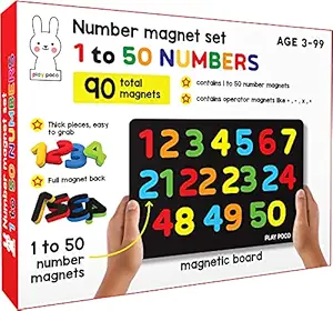 PLAY POCO 1 to 50 Numbers Magnet Set - with 90 Number Magnets and Magnetic Board - Child Safe Foam Numbers with Full Magnet Back - Perfect Learning Set for 3, 4, 5 Year Old Boys and Girls