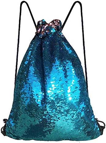 AIURBAG Mermaid Sequin Drawstring Gym Bag For Women, Reversible Sequin Backpack Glittering Shoulder Bag,Bluepink