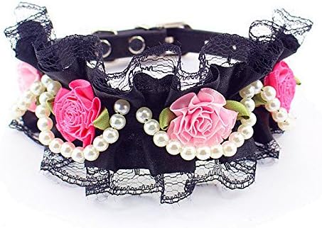 Pet Leather Collar, Cute Lace Necklace with Retro Handmade Rose &amp; Pearls, for Cat &amp; Dog