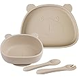 Suction Baby Plate and Bowl Set with Fork Spoon, Silicone Baby Led Weaning Supplies for Toddler Self Feeding, BPA Free Dishwasher and Microwave Safe (Natural)