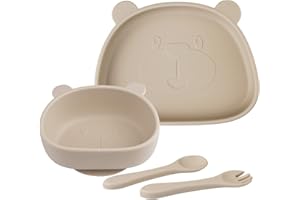 NOHLERLIFE Silikonowy zestaw naczyń dla niemowląt z przyssawką, 4-częściowy zestaw posiłków dla dzieci, w zestawie antypoślizgowy talerz, miska, łyżka + widelec, nadaje się do zmywarki, kuchenki mikrofalowej