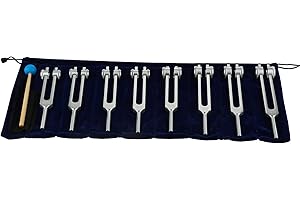 DRELD Juego de Tenedor de Afinación 7pcs Horquillas de Afinación + 1 Corazón Alma Ponderado Horquilla con Martillo de Silicona y Bolsa para Terapia de Sonido, Equilibrio, Sanadores, Vibración