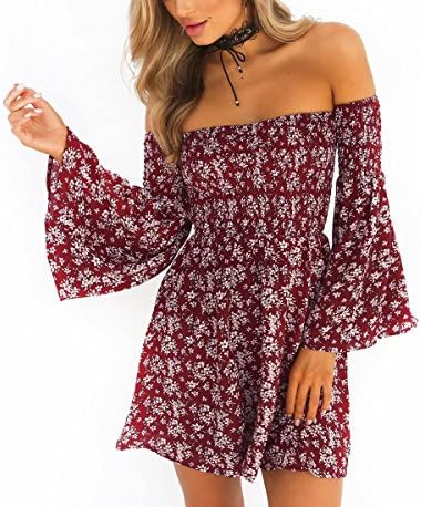 Seeyoulife Women Summer Dress Off Shoulder Fit Comfy Casual Floral Short Mini Dress (S, Red)