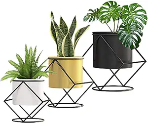 Ezzu Crafts Indoor Planter, 3 Set Plant Pot with Black Metal Stand, Flower Plants Pots for Garden Home Office Decor, 5/6/7 Inch Decorative Succulents Planters Pots Container - Black Golden White