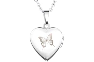 Yumilok Jewelry Collier Pendentif de Photo en Acier Inoxydable au Titane Le cœur Peut Ouvrir et Le Dessin de Papillon pour Femme Fille