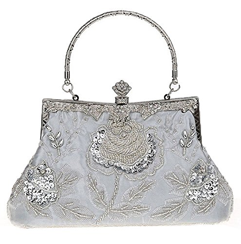 niceEshop(TM) Plata Bolsa Bolso de Rosa Flor Retro Antigua de Embrague