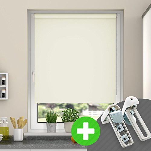 DESWIN Rollos - Set: Premium Verdunkelungsrollo + Premium-Klemmhalter - 85 x 190 cm WEISS - (mit 32mm Rollo-Welle, Metallkette, Halter zum Schrauben)
