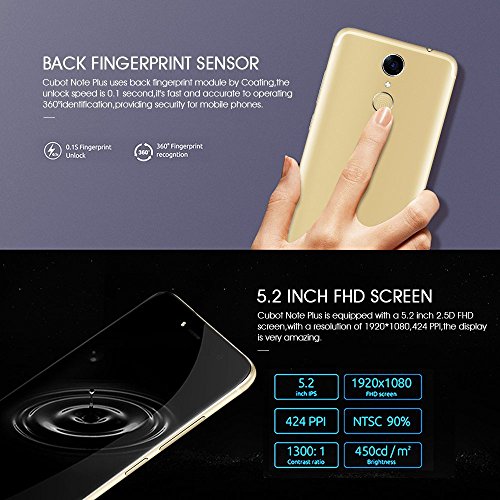 Cubot Note Plus (2017) Smartphone ohne vertrag ( 13,22 cm (5.2 zoll) , 32GB Speicher, 3GB RAM, Anroid 7.0, 16MP + 16MP Dualkamera, Dual Sim Smartphone) 4G LTE Smartphones