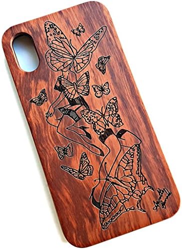 Wooden engraved Butterfly phone case for iPhone X . Real solid wood, hand made, carved artwork. Drop &amp; scratch proof, providing premium protection for your smart phone