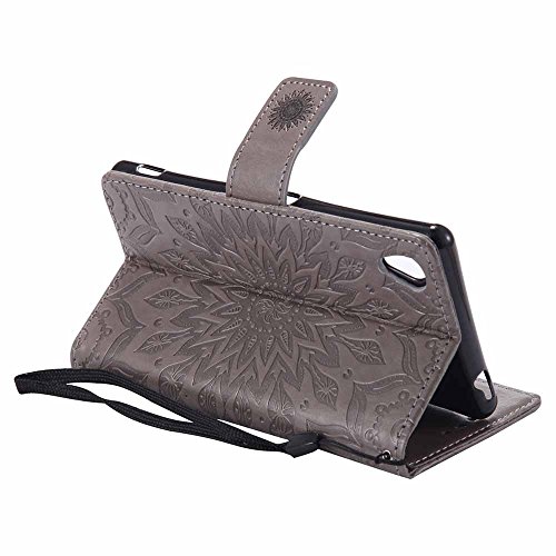 Xperia M4 Aqua Hülle, Dfly Premium Slim PU Leder Mandala Blume prägung Muster Flip Hülle Bookstyle Stand Slot Schutzhülle Tasche Wallet Case für Sony Xperia M4 Aqua, Grau - 6