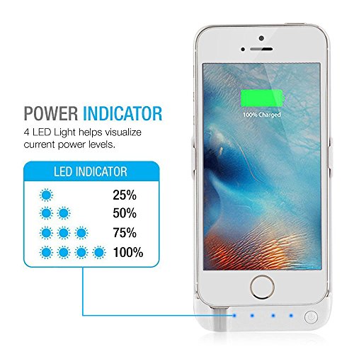 iPhone SE/5S/5 Battery Case,Soconic Newest Slim 4200mAh battery
charging case for iPhone 5/5s/SE , Rechargeable extended protective
Battery Case with 4 LED Lights Built-in Pop-out Kickstand Holder [With
A Free Screen Protector] - White