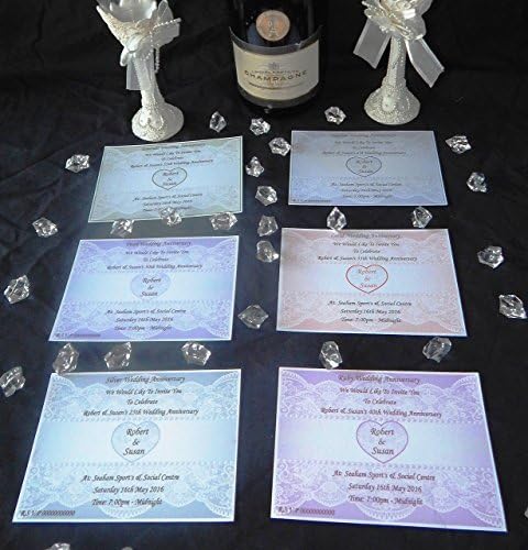 Personalised Lace Design Wedding Anniversary Invitations 25th, 30th, 35th, 40th, 45th, 50th, 55th Anniversary. Choice of 7 Different Colours. 25, 50, 75 or 100 Invitations + Envelopes