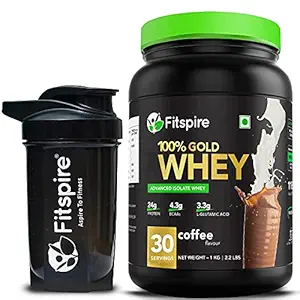 Fitspire Gold Standard 100% Whey Protein Isolate with Shaker - 1 kg/2.2 lb | 33 gm Serving Size | 24 gm Protein | 4.3 gm BCAA | Gluten Free | ISO Certified | Coffee - 30 Serving
