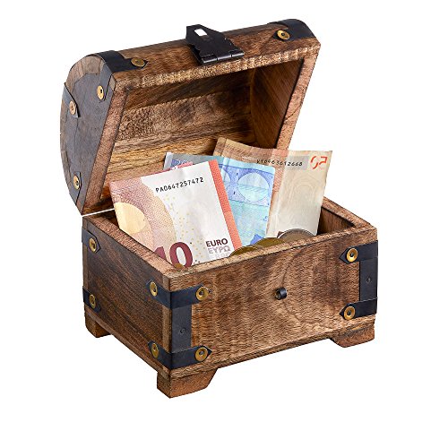 Holztruhe (Holzkiste) als Schatztruhe – mit Gravur zur Hochzeit – Unser Hochzeitsschatz – Schmuckkästchen, Aufbewahrungsbox, Bauernkasse oder Spardose – dunkles Holz- 14 cm x 11 cm x 13 cm - 6