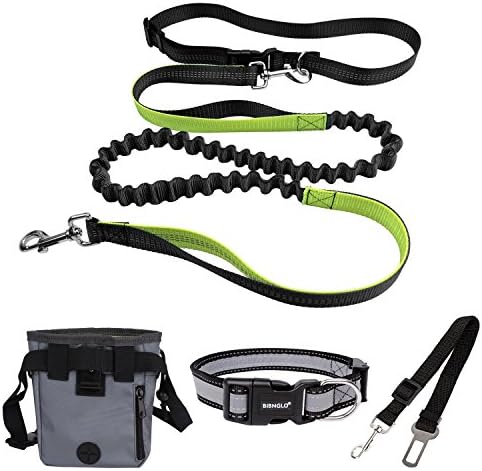LIANG Handsfree Dog Lead,Shock Absorbing Lead and Adjustable Waist Belt + Dog Collars + Dog Seat Belt + Dog Treat Pouch, Perfect for Running, Jogging, Hiking, Walking and Training