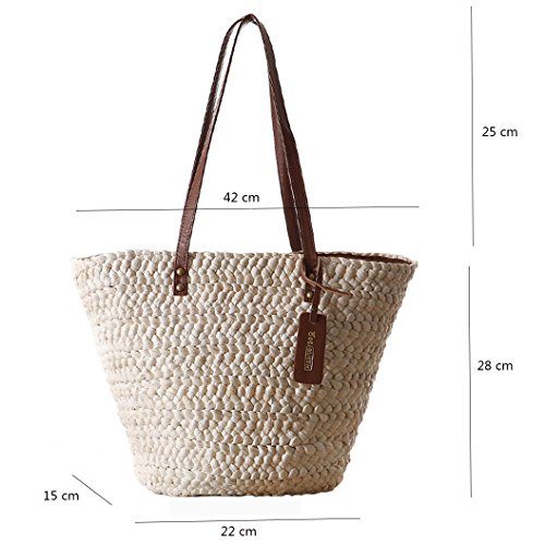 Damen Mädchen pastoralen Stil Strand Mais-Schale korbtasche Tragetasche Schulter Handtasche, beige - 7