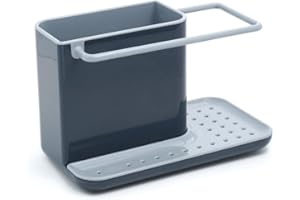 Joseph Joseph Caddy, Organizador de Plástico para fregadero de cocina con soporte para esponja, trapo, cepillo para platos y detergente, con drenaje, Gris