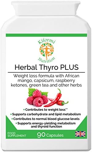 Herbal Thyro PLUS | weight loss formula | raspberry ketones, green tea, african mango, capsicum | contributes to normal blood glucose levels | vegan &amp; vegetarian |90 capsules| Made in the U
