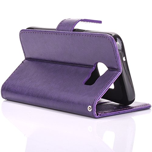 Etsue Leder Schutzhülle für Samsung Galaxy S7 Schmetterling PU Leder Tasche Case Hülle, Retro Vintage Dreamcatcher Campanula Prägung Ledertasche Butterfly Flip Case Wallet Brieftasche im Bookstyle Handytasche mit Standfunktion Karteneinschub und Magnetverschluß für Samsung Galaxy S7 + 1x Glitzer Staub Stecker + 1x Blau Eingabestift-Traumfänger Schmetterling,lila - 3