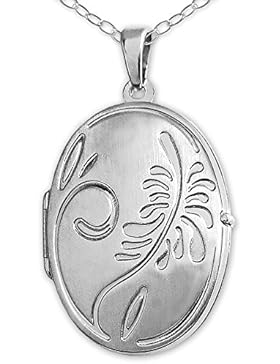 CLEVER SCHMUCK-SET Silberner Anhänger Medaillon oval 25 x 20 mm seidenmatt mit Kringel und floral gemustert sowie...