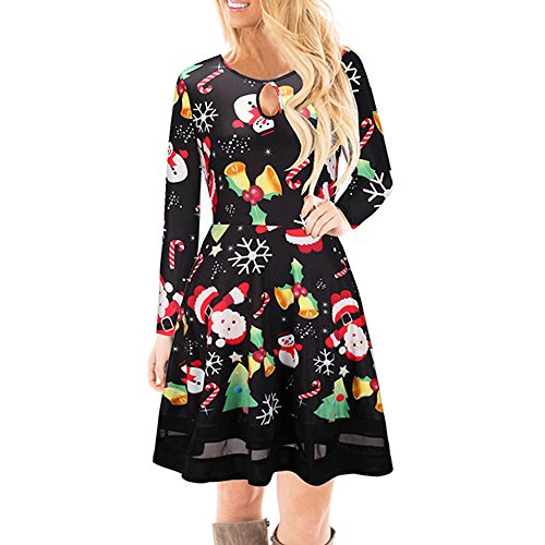 Preisvergleich Produktbild Weihnachtskostüm Damen Kleider Niedlich Santa Glocken Baum Schneemann Muster Bekleidung Loveso Frauen Kleid Christmas Elk Freizeitkleid Partykleid (M, Schwarz)