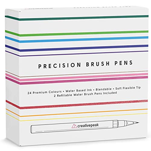 Watercolour Brush Pens - 24 Vibrant Colouring Pens & 2 Blending Brushes - Premium Quality Art Supplies Featuring Soft, Real Tip - Perfect for Calligraphy, Lettering, Adult Colouring - CreativepeakTM